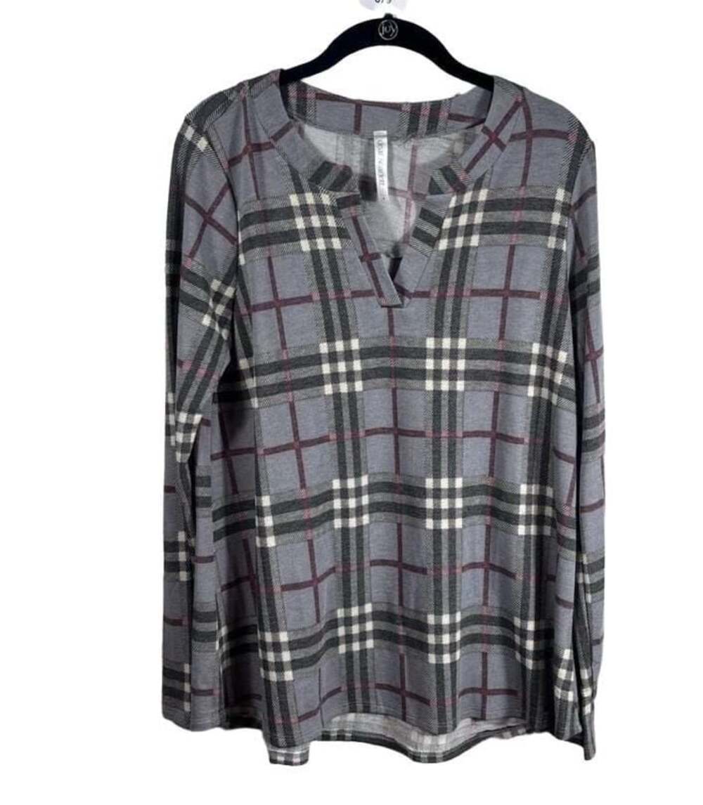 Dear Scarlett Gray Plaid Long Sleeve V-Neck Tunic Top Shirt